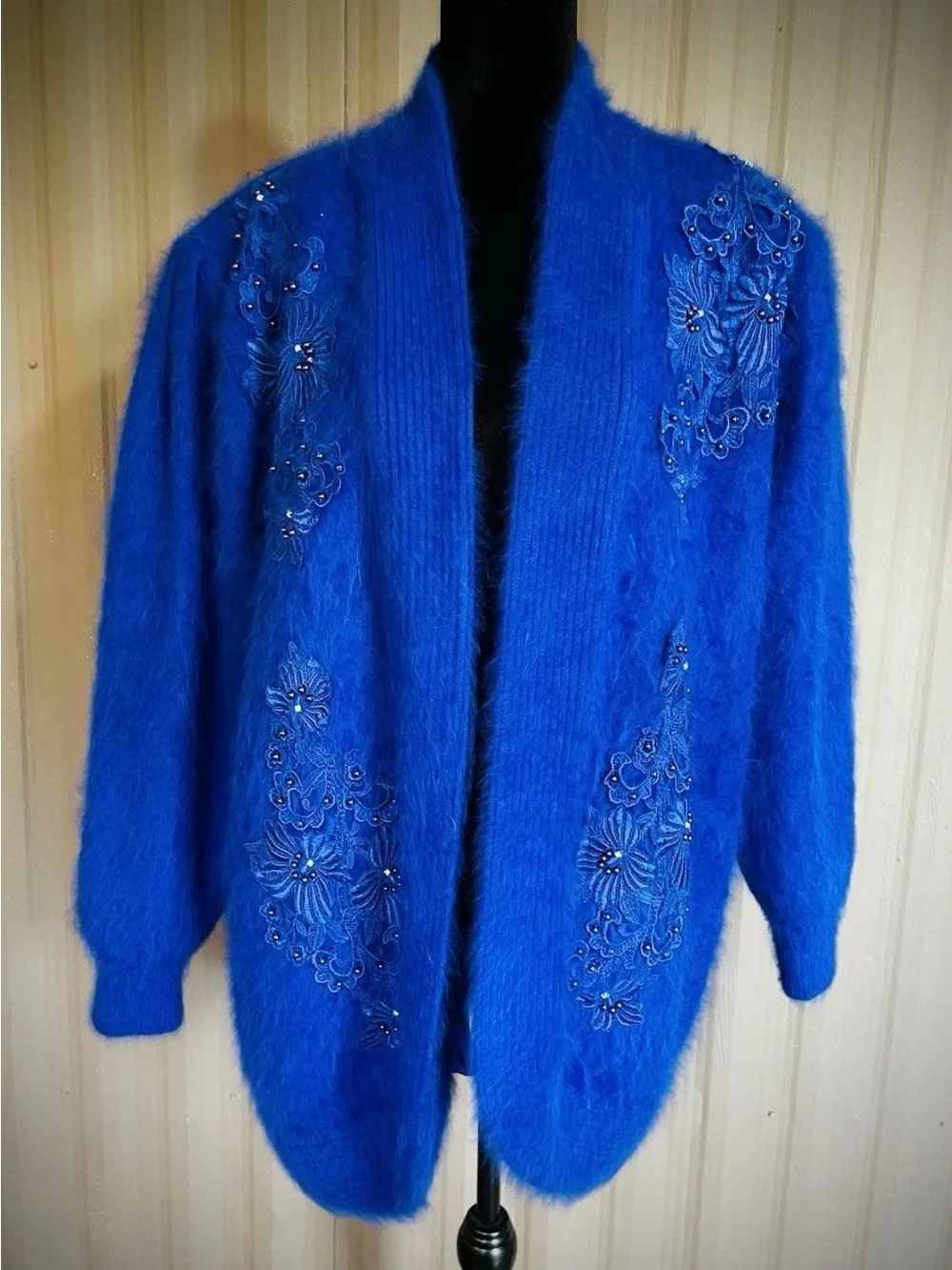 VTG 80% Angora Royal Blue Cardigan Sweater Jacket Beaded 80s Korea Puff Slv XL